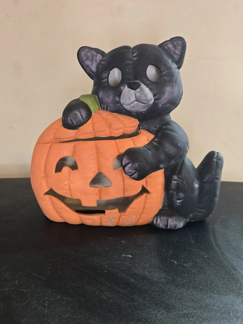 Vintage Black Cat Jack O Lantern Light Up Ceramic Halloween Pumpkin 80s 90s